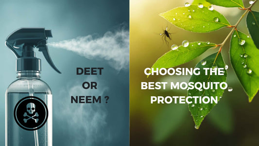 Deet or Neem image - bottle with poison symbol and fresh neem leaves
